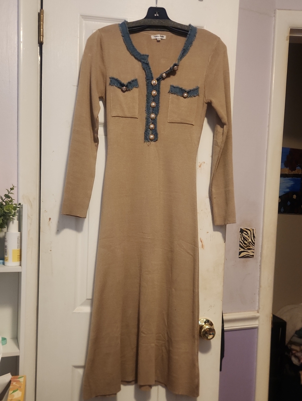 Beige Knit Long-Sleeve Midi Dress with Blue Trim